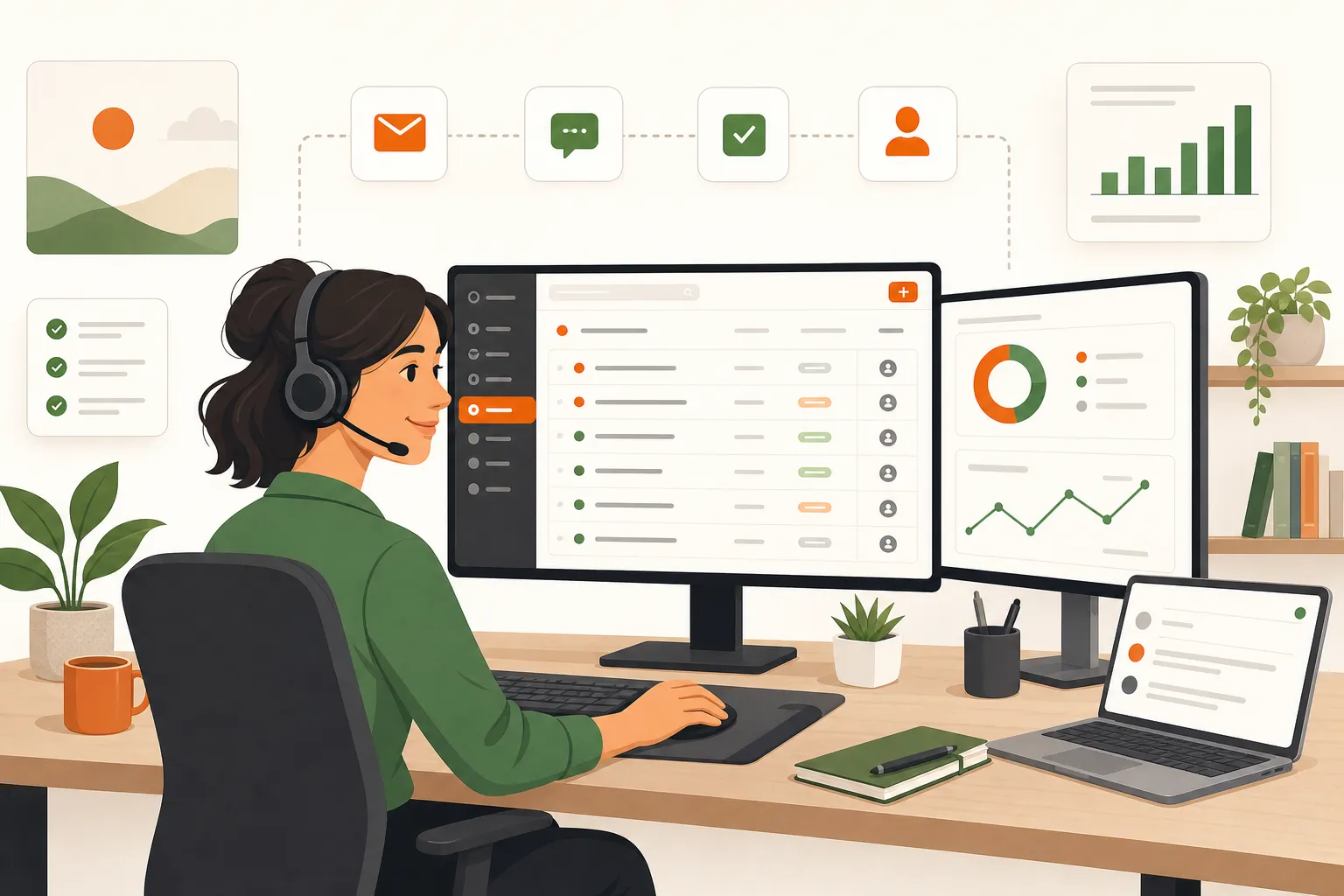 A confident support agent at a modern desk with monitors showing service desk dashboards, with professional office environment in warm tones