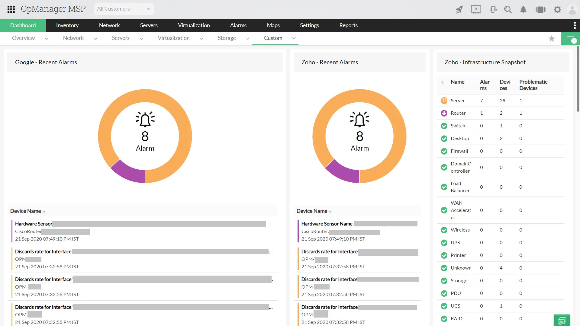 ManageEngine OpManager network monitoring interface showing device health and performance snapshots, as taken from ManageEngine