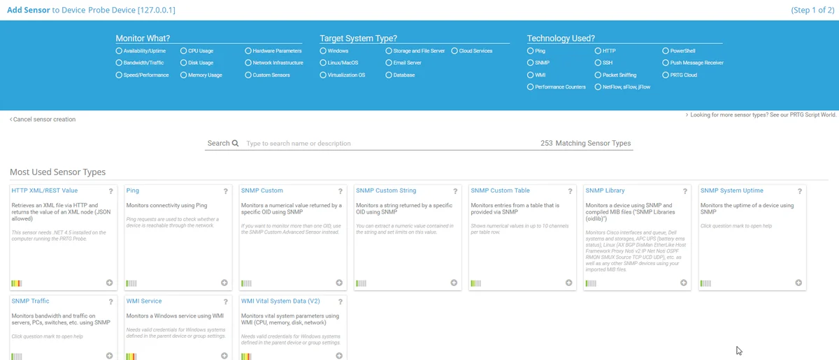 PRTG Add Sensor UI showing 253 matching sensor types with filter categories for monitoring type, target system, and protocol, as taken from Paessler