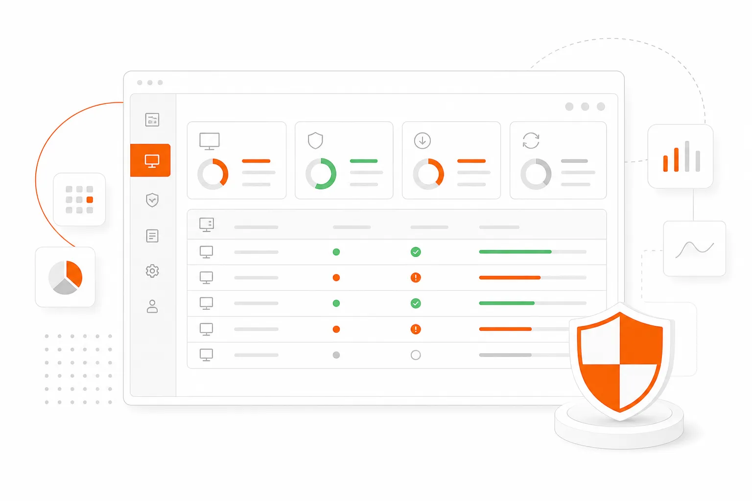 NinjaOne AI in 2026 -- editorial illustration of an IT dashboard with patch status and endpoint monitoring