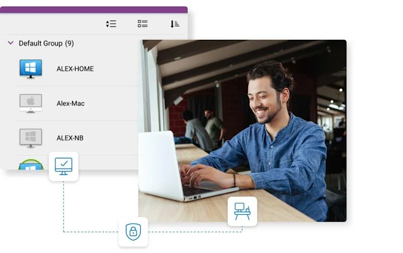 A man working on a laptop with Splashtop's remote access management UI overlaid