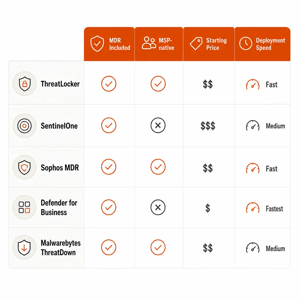 Comparison matrix: ThreatLocker, SentinelOne, Sophos MDR, Microsoft Defender, Malwarebytes ThreatDown across MDR included, MSP-native, starting price, and deployment speed