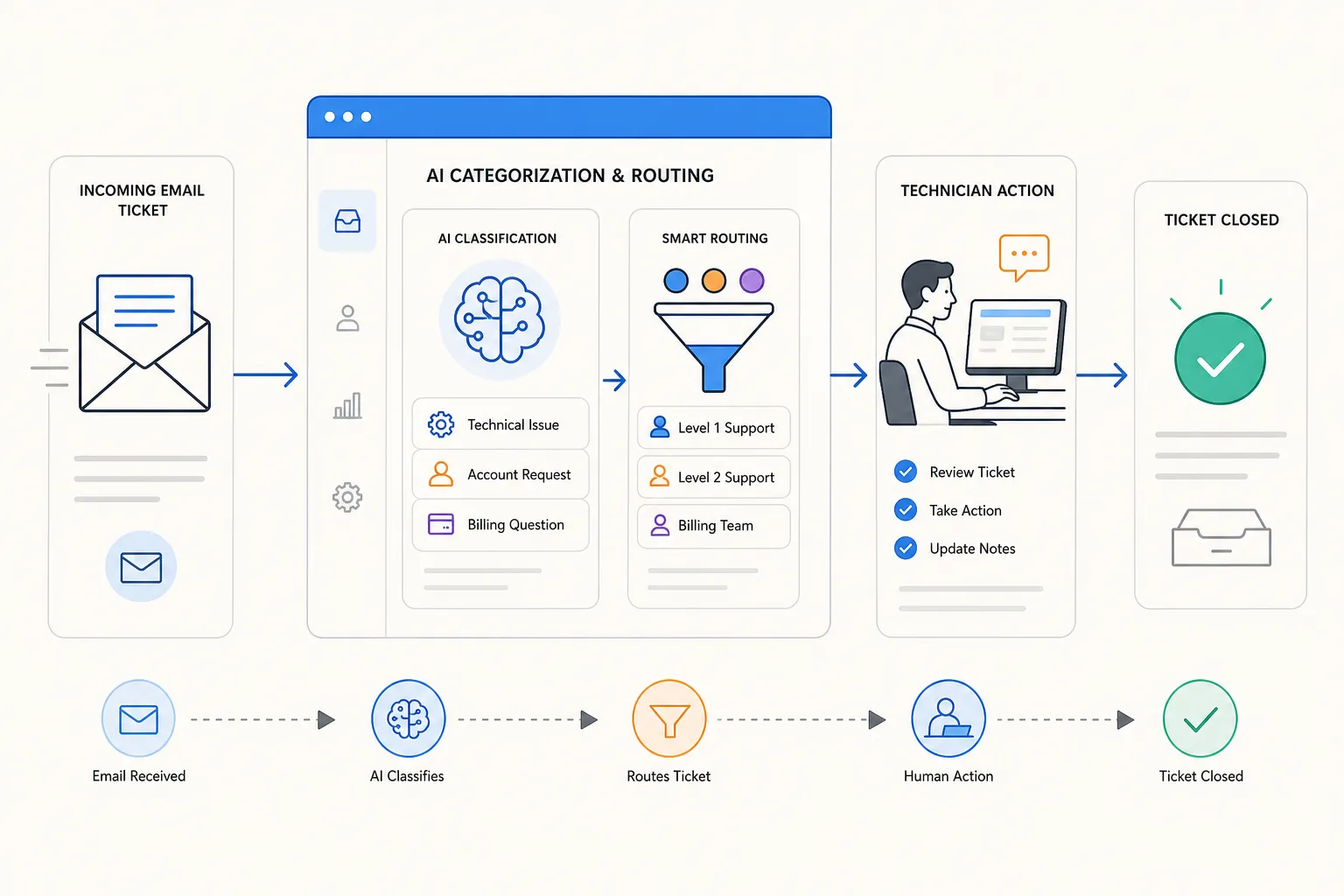 Halo PSA ticket automation workflow: email intake, AI triage, routing, tech assignment, manual action, and closure