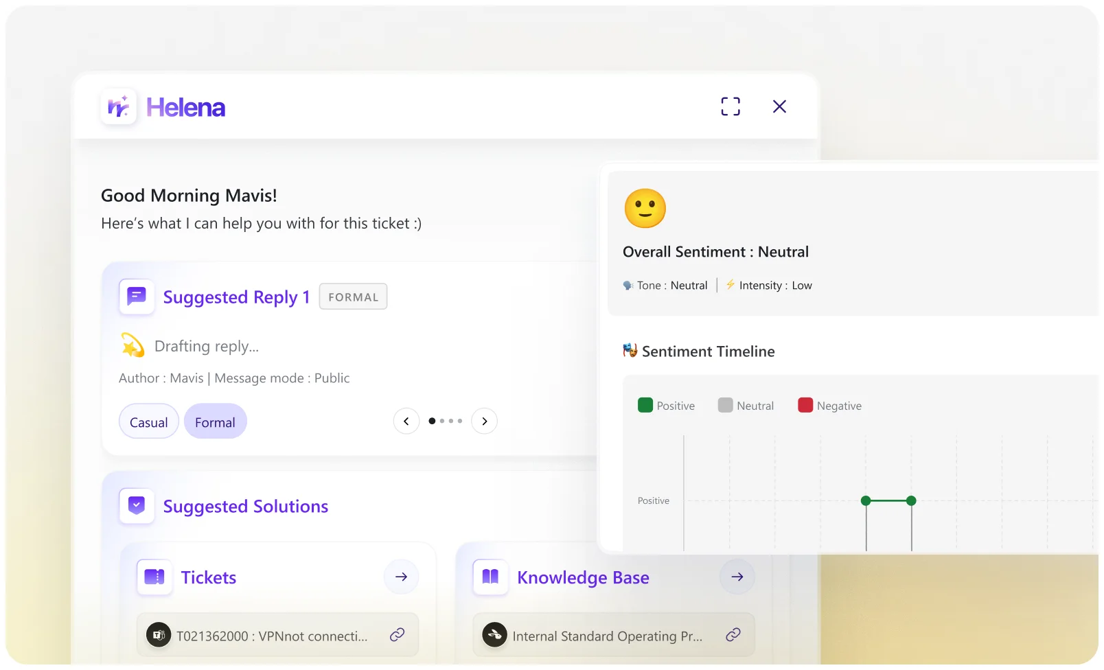 Helena AI interface with smart reply suggestions and sentiment analysis