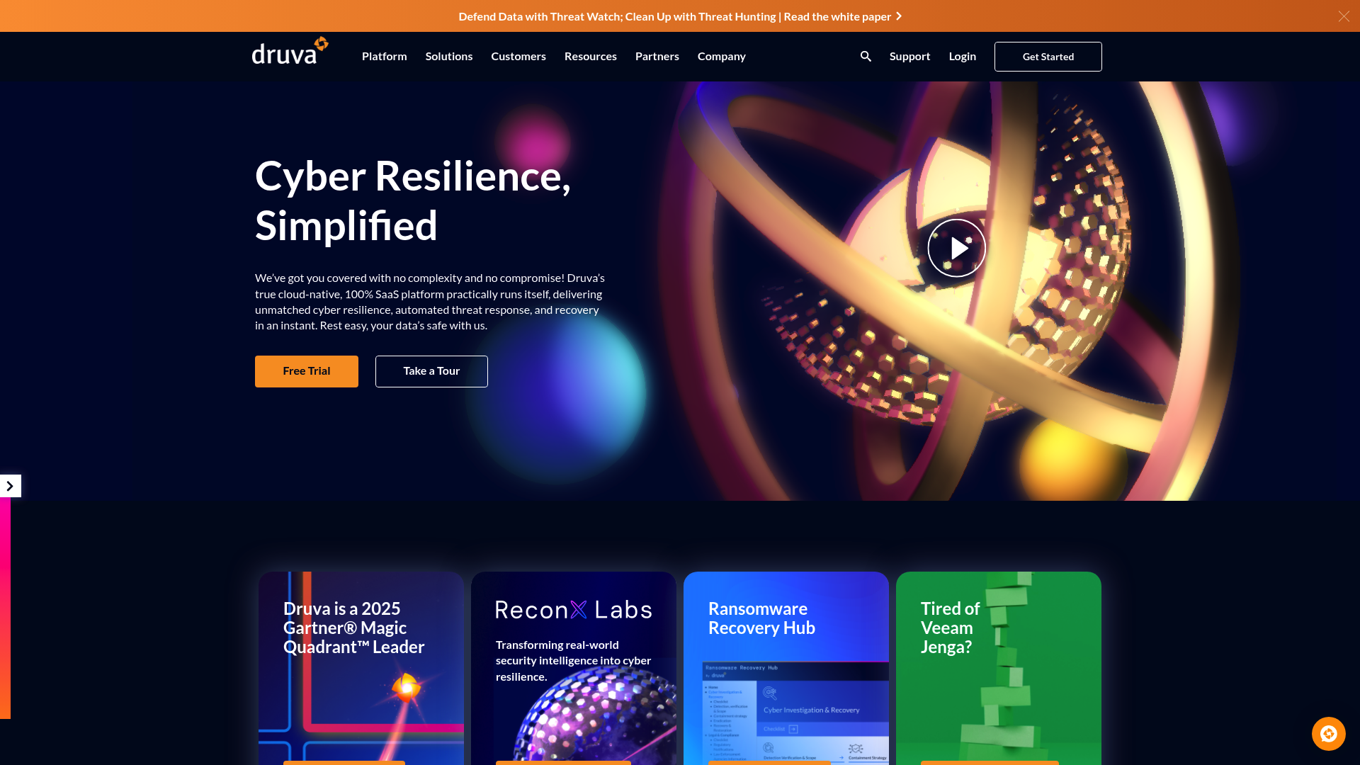 Druva landing page with data security cloud features