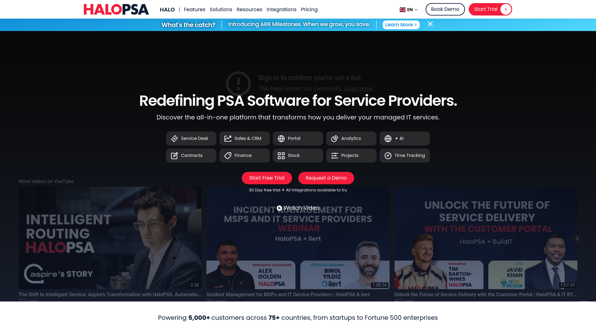 A screenshot of HaloPSA's landing page.