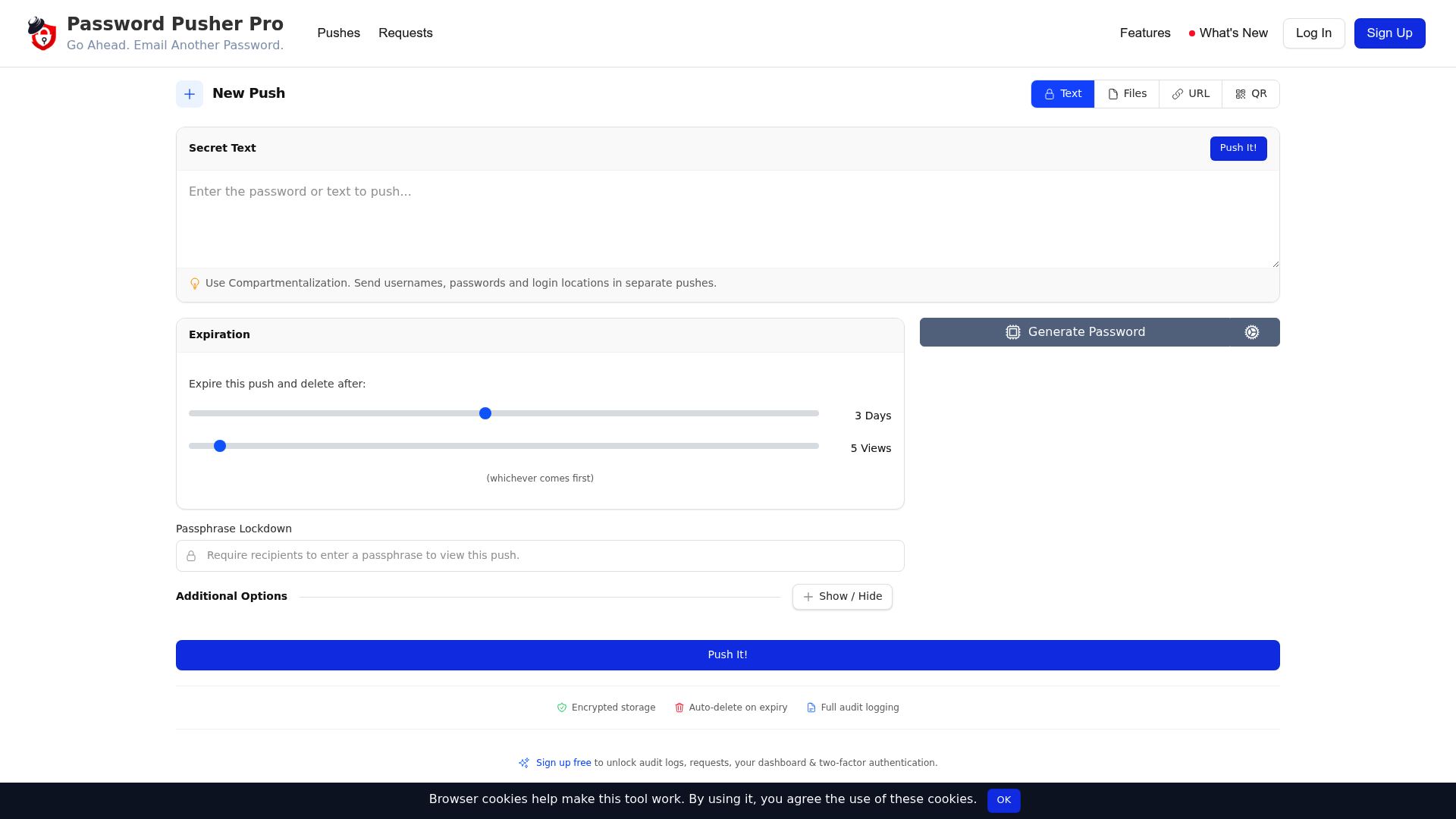 A screenshot of Password Pusher's landing page.