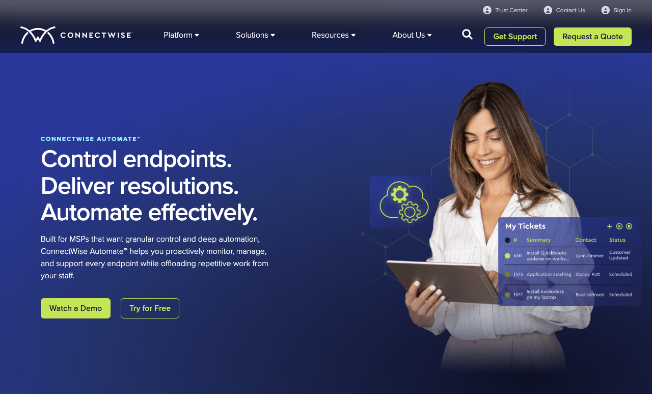ConnectWise Automate enterprise RMM platform with deep scripting and automation engine
