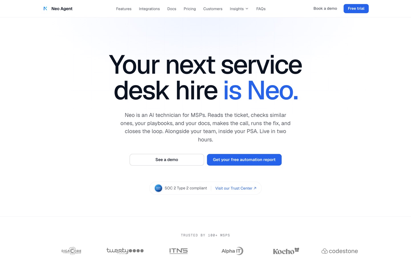 NeoAgent product homepage, August 2026